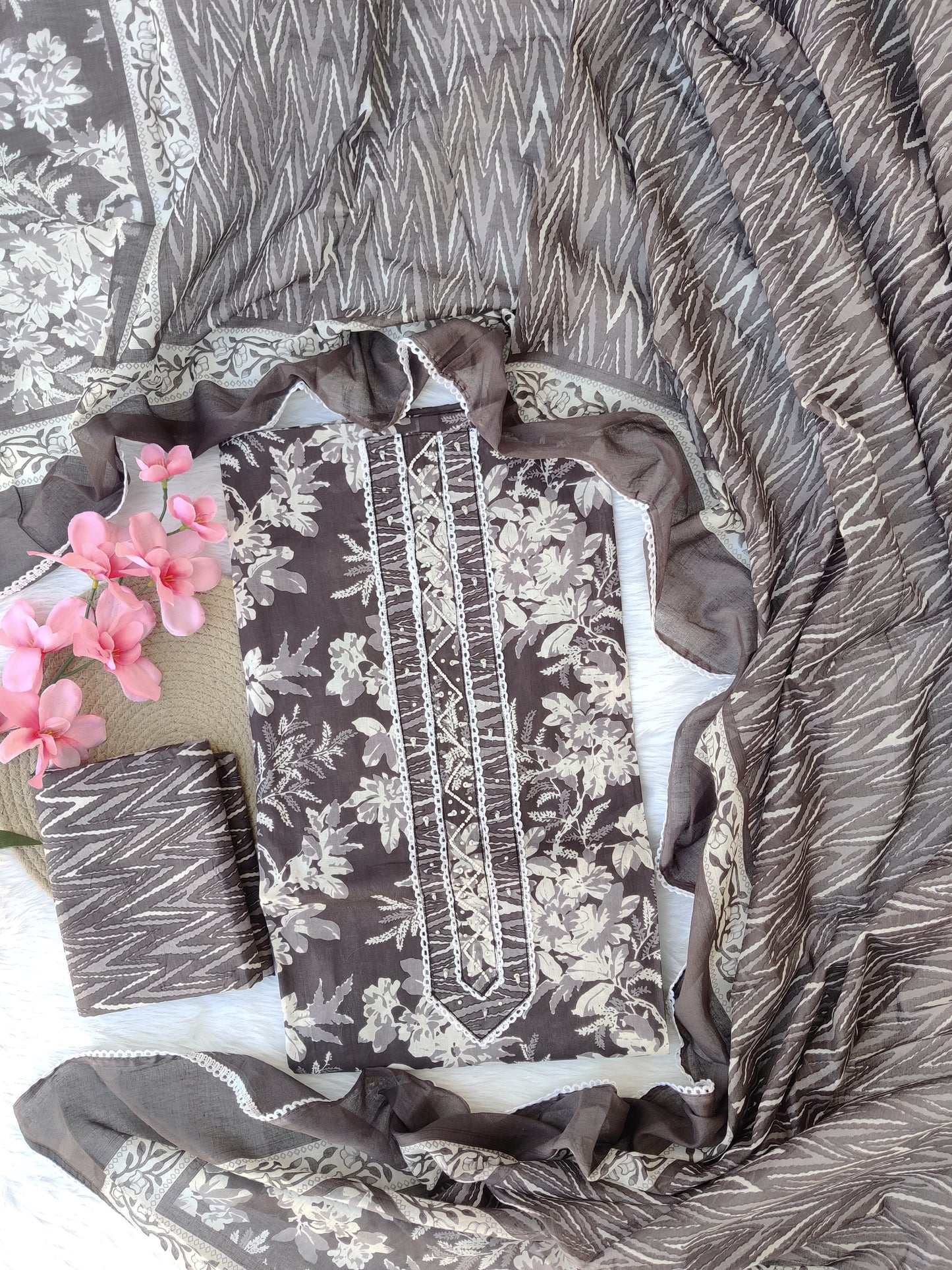 Cotton Printed Neck Work Suits with mulmul dupatta