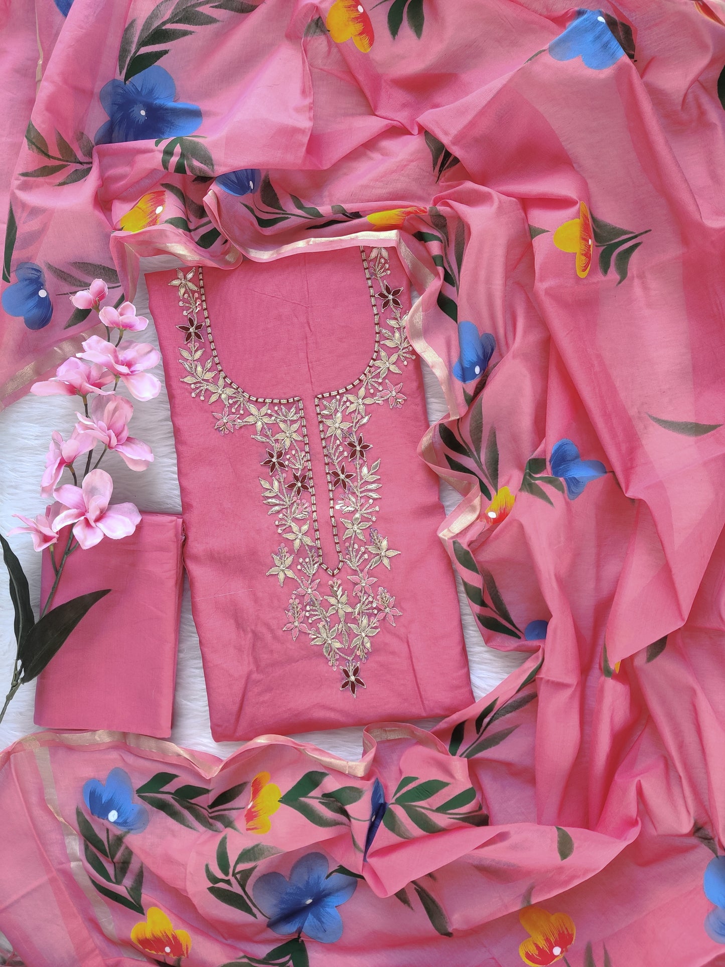 COTTON CHANDERI GOTA PATTI SUIT WITH BRUSH PAINTED COTTON CHANDERI DUPATTA