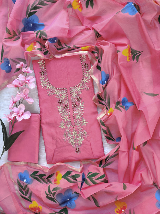 COTTON CHANDERI GOTA PATTI SUIT WITH BRUSH PAINTED COTTON CHANDERI DUPATTA