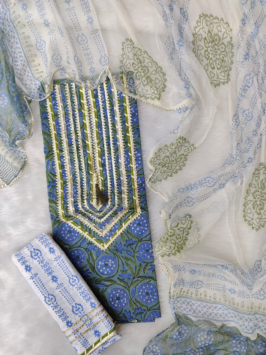 (SALE) FLORAL PRINTED COTTON GOTA PATTI SUIT WITH CHIFFON DUPATTA