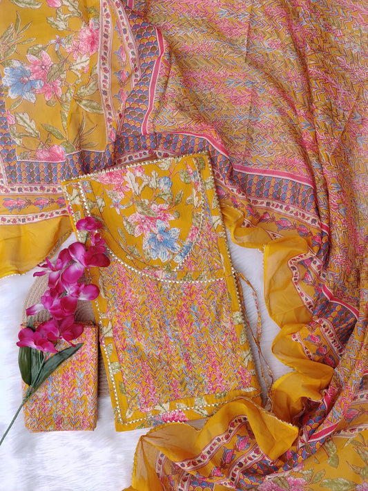 Cotton Printed Neck Work Suits with mulmul dupatta