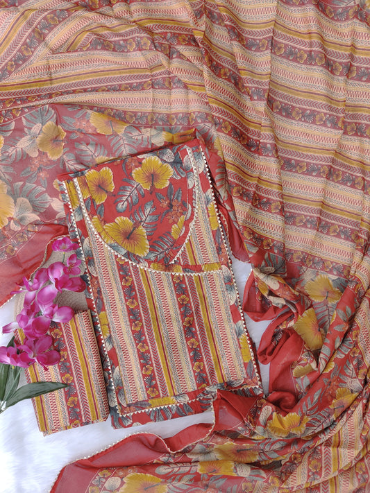 Cotton Printed Neck Work Suits with mulmul dupatta