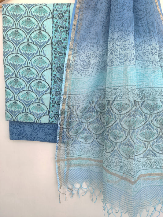 Hand Block Printed Cotton Suit with Cotton Kota Doria dupatta
