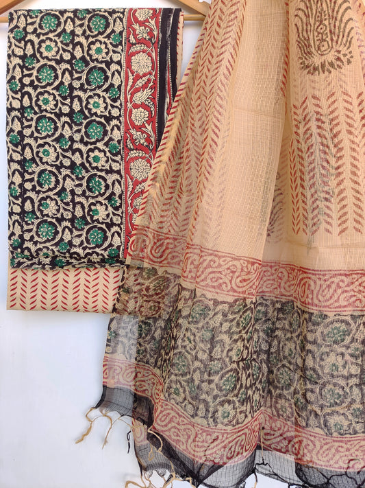 (Kalamkari) Hand Block Printed Cotton Suit with Cotton Kota Doria dupatta