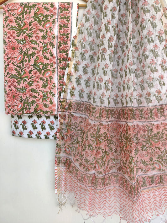 Hand Block Printed Cotton Suit with Cotton Kota Doria dupatta