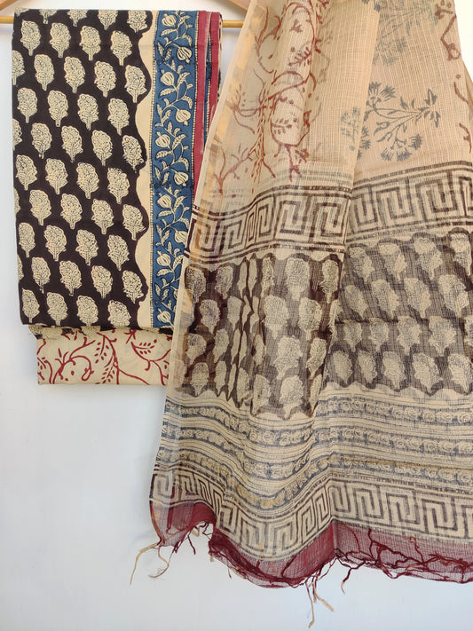 (Kalamkari) Hand Block Printed Cotton Suit with Cotton Kota Doria dupatta3