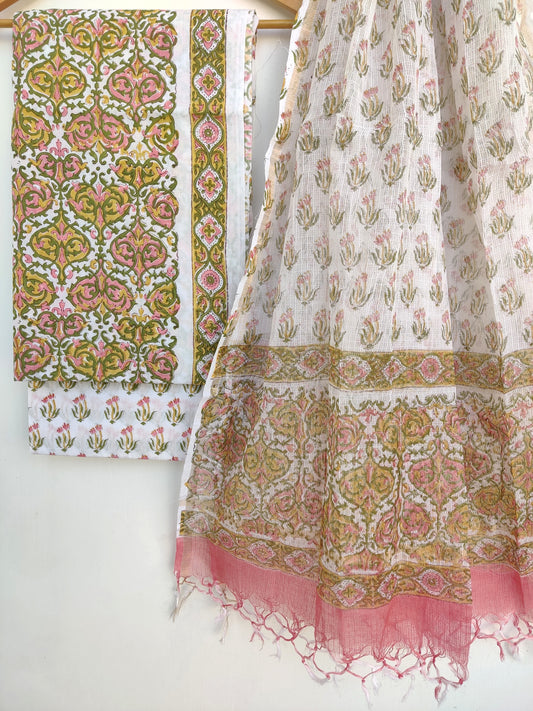 Hand Block Printed Cotton Suit with Cotton Kota Doria dupatta