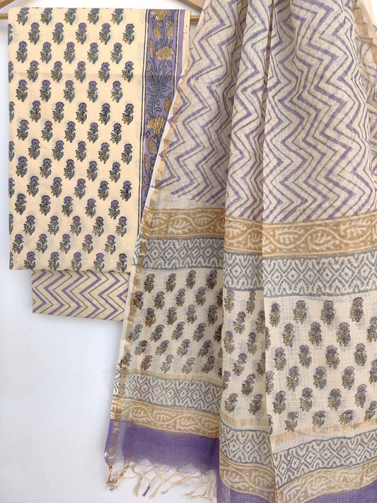 Hand Block Printed Cotton Suit with Cotton Kota Doria dupatta