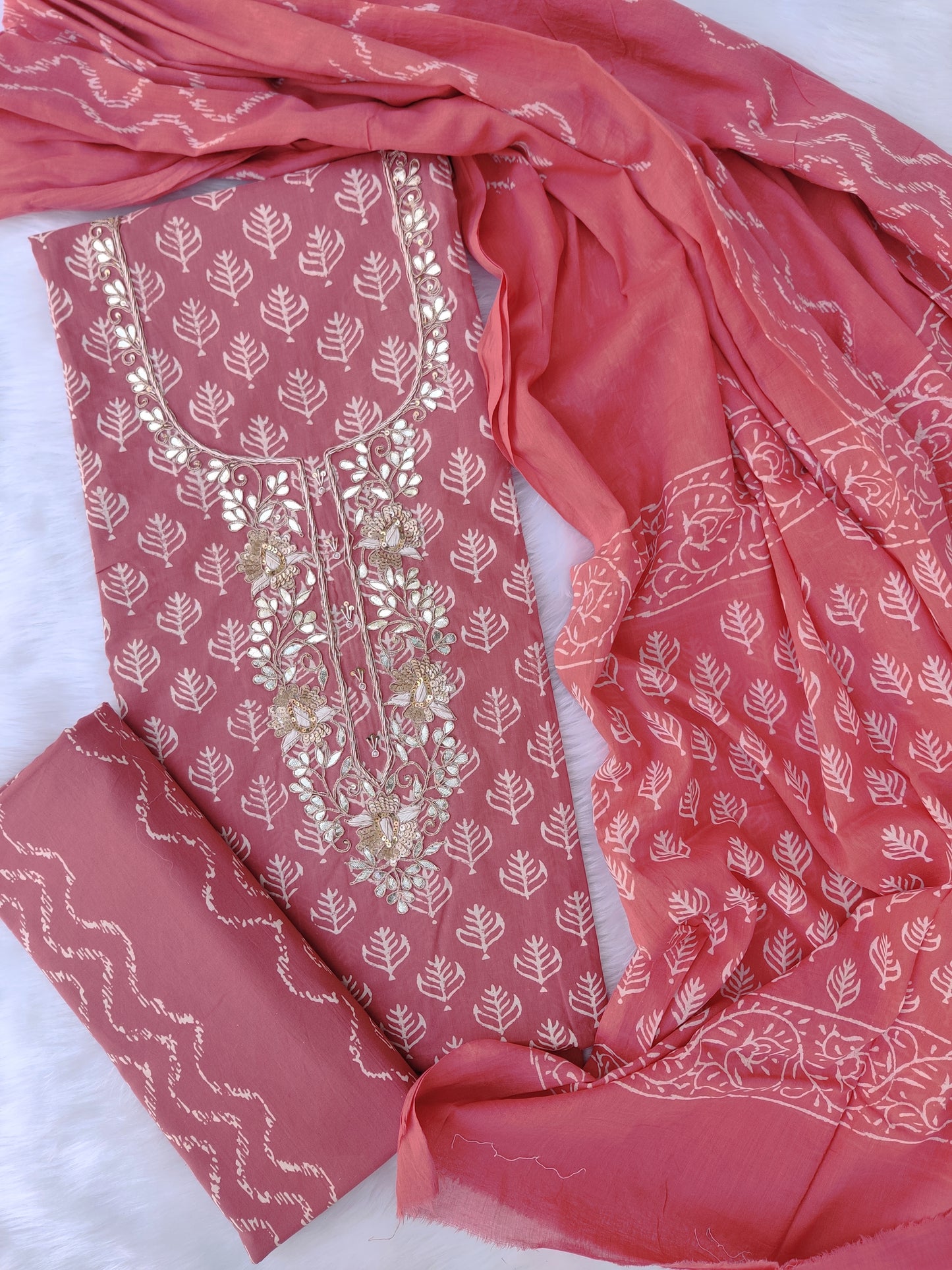 FLORAL PRINTED COTTON GOTA PATTI SUIT WITH COTTON DUPATTA