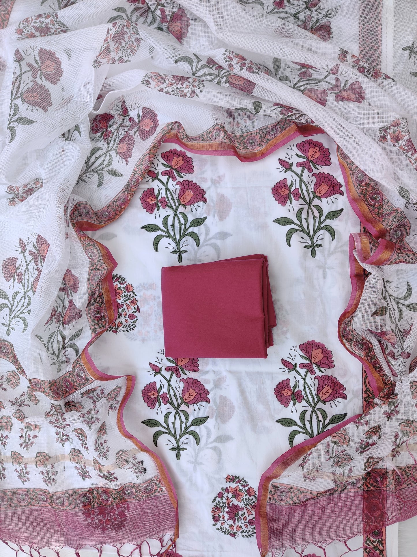 Hand Block Printed Cotton Suit with Cotton Kota Doria dupatta