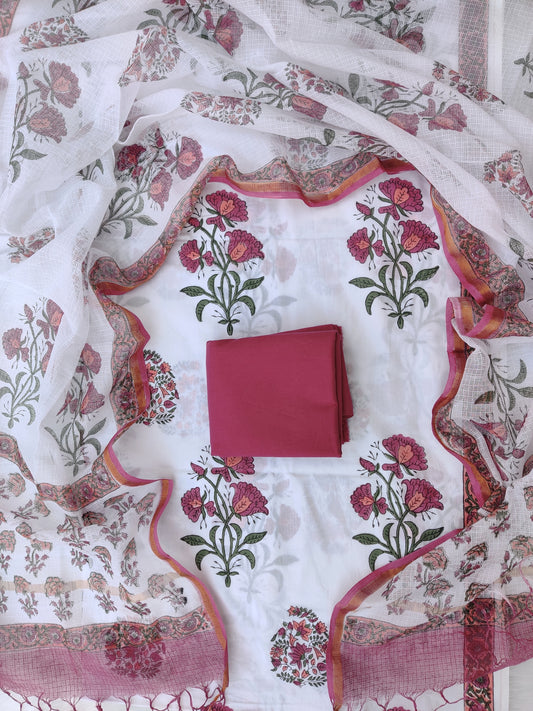 Hand Block Printed Cotton Suit with Cotton Kota Doria dupatta