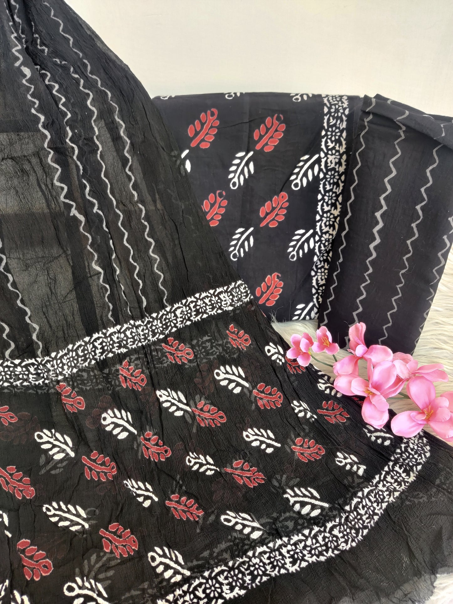 HAND BLOCK PRINTED COTTON SUIT WITH PURE CHIFFON DUPATTA