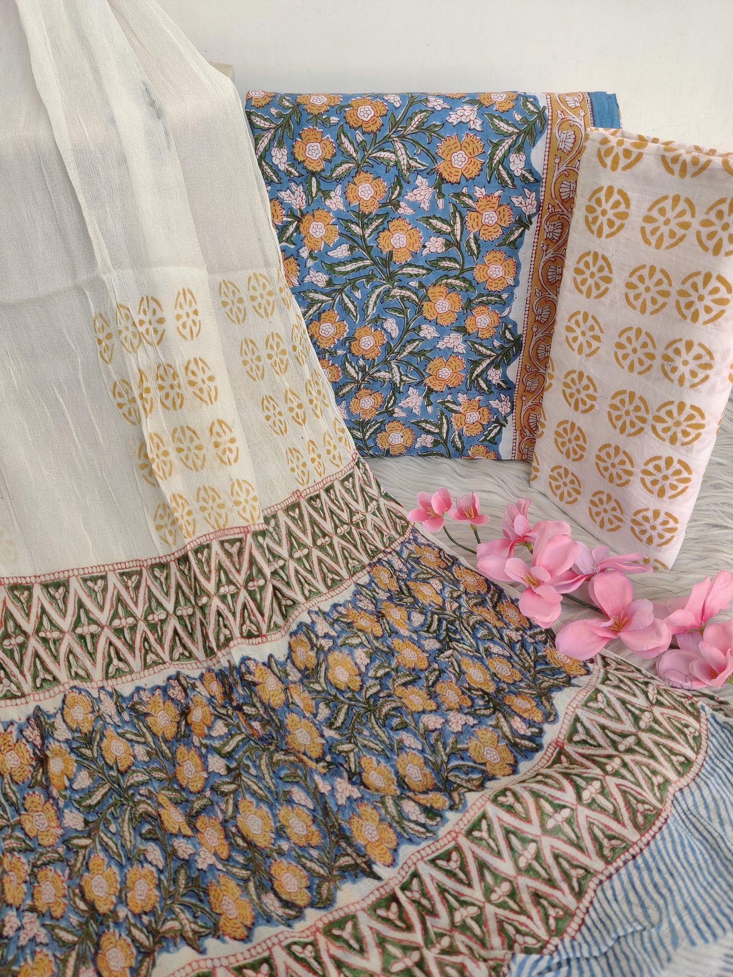 HAND BLOCK PRINTED COTTON SUIT WITH PURE CHIFFON DUPATTA