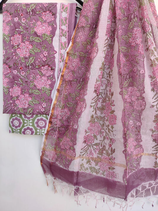 Unstitched Hand Block Printed Cotton Suit with Cotton Kota Doria dupatta