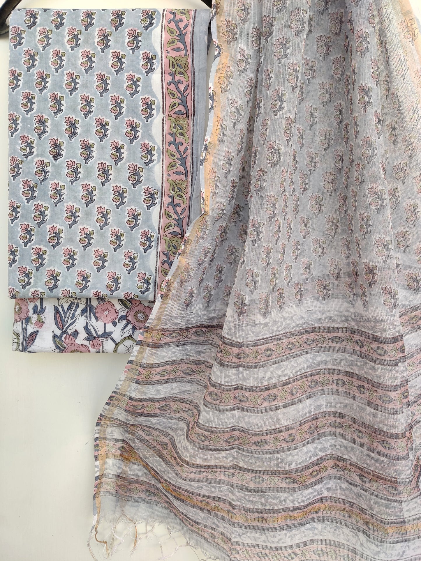 Unstitched Hand Block Printed Cotton Suit with Cotton Kota Doria dupatta8