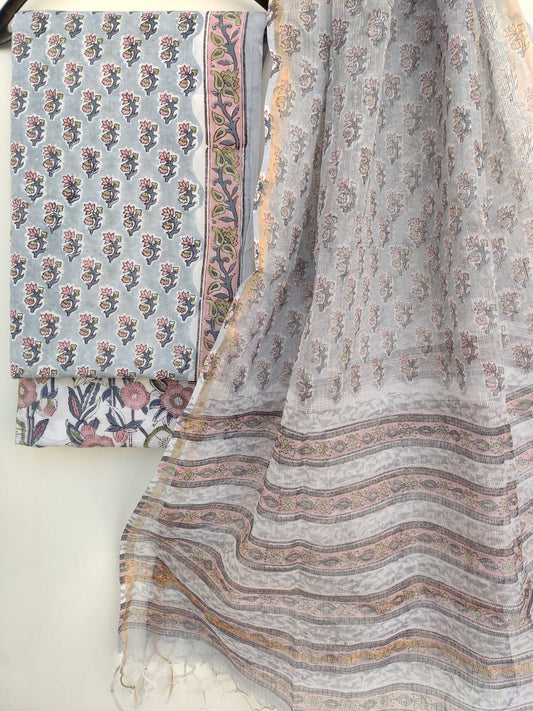 Unstitched Hand Block Printed Cotton Suit with Cotton Kota Doria dupatta8