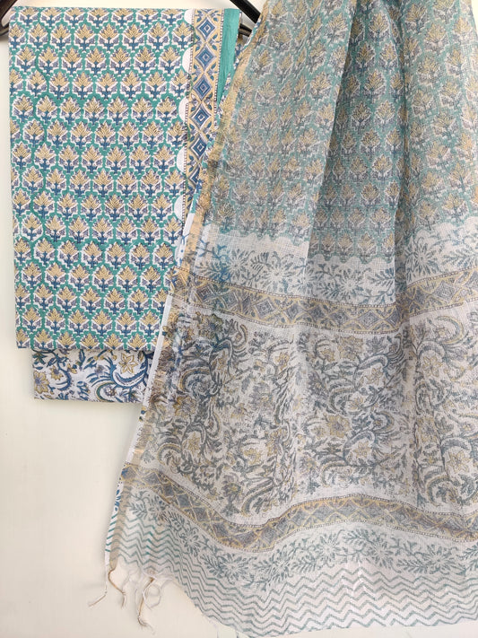 Unstitched Hand Block Printed Cotton Suit with Cotton Kota Doria dupatta