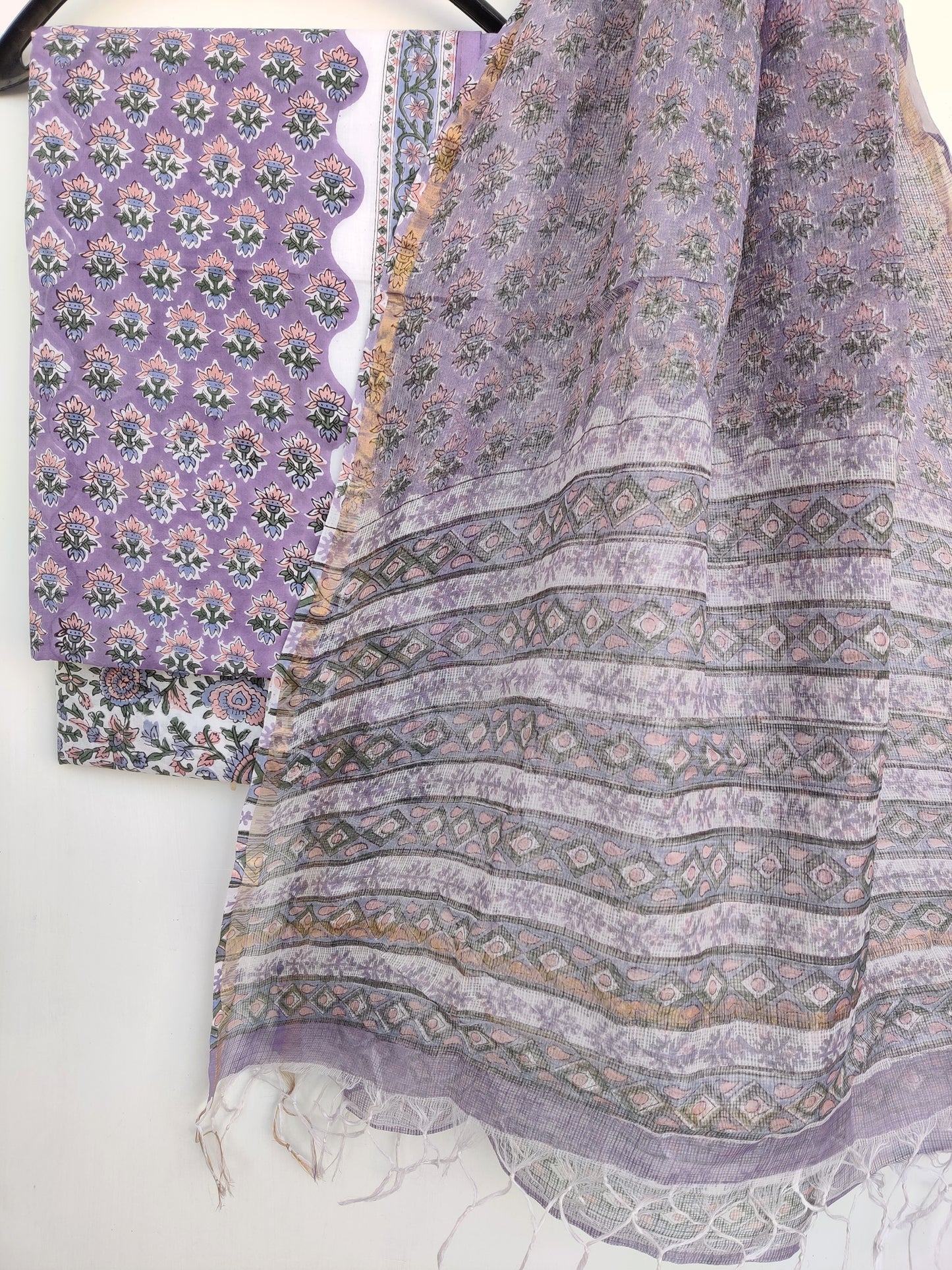 Unstitched Hand Block Printed Cotton Suit with Cotton Kota Doria dupatta