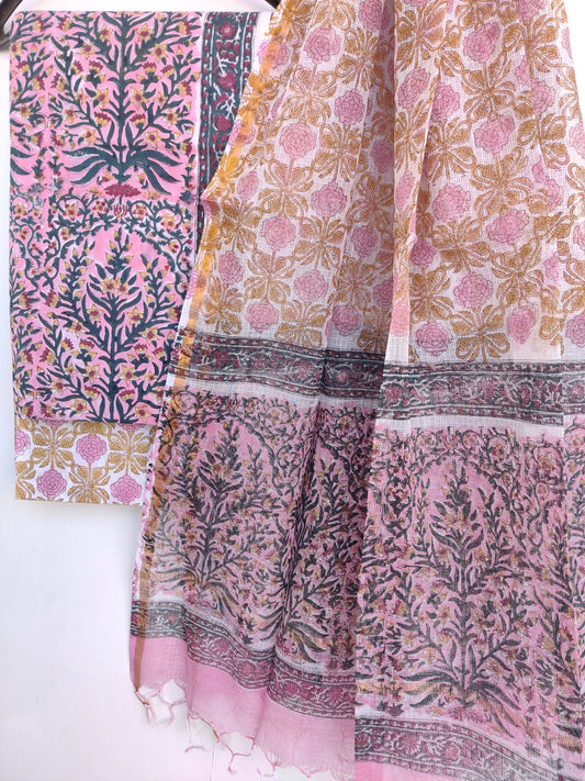 Unstitched Hand Block Printed Cotton Suit with Cotton Kota Doria dupatta