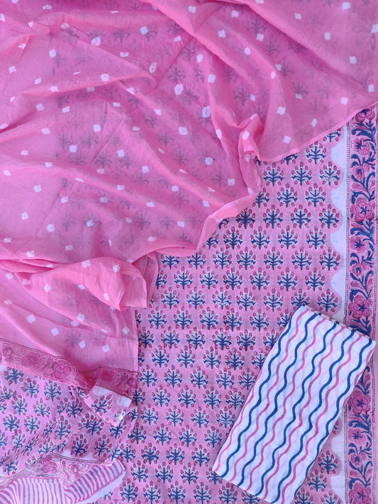 Hand Block Printed Cotton Suits with Mulmul Bandhej Dupatta1