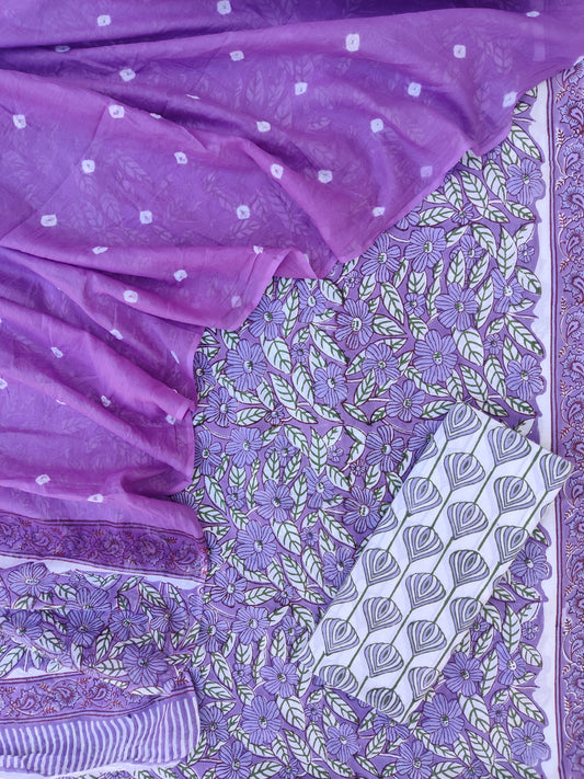Hand Block Printed Cotton Suits with Mulmul Bandhej Dupatta