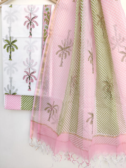 Hand Block Printed Cotton Suit with Cotton Kota Doria dupatta