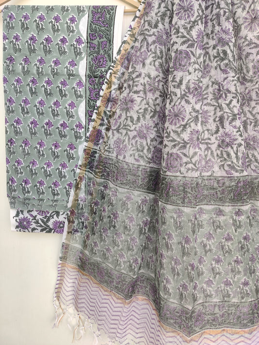 Hand Block Printed Cotton Suit with Cotton Kota Doria dupatta