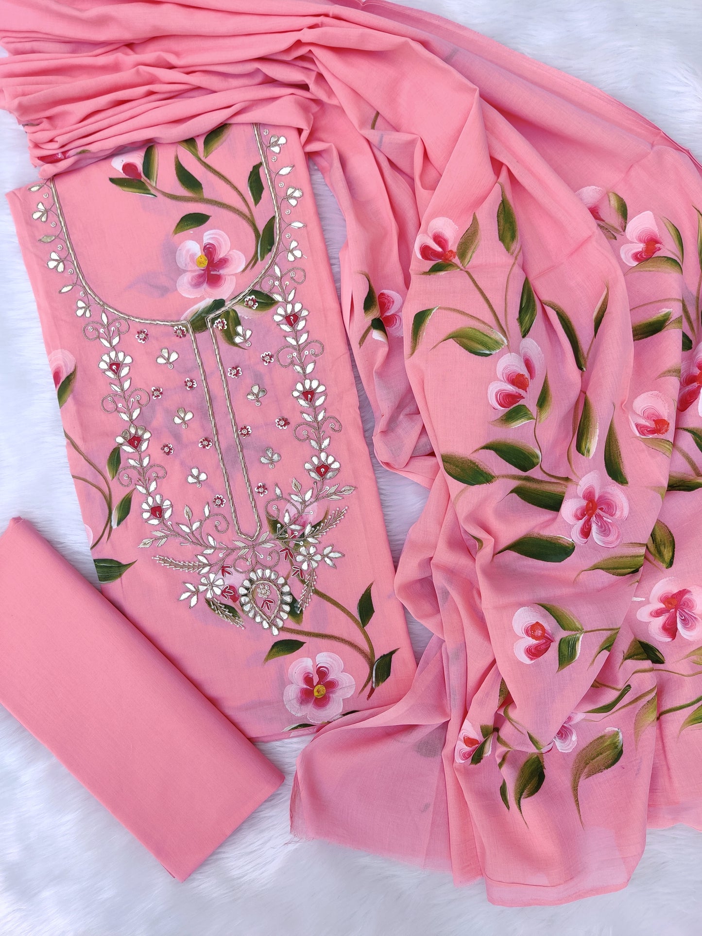 FLORAL PRINTED COTTON GOTA PATTI SUIT WITH COTTON DUPATTA