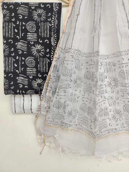 (Black & White) Hand Block Printed Cotton Suit with Cotton Kota Doria dupatta