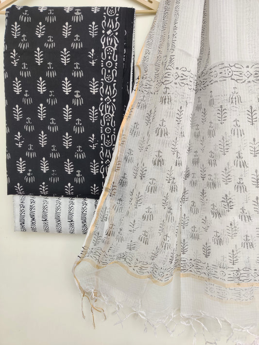(Black & White) Hand Block Printed Cotton Suit with Cotton Kota Doria dupatta