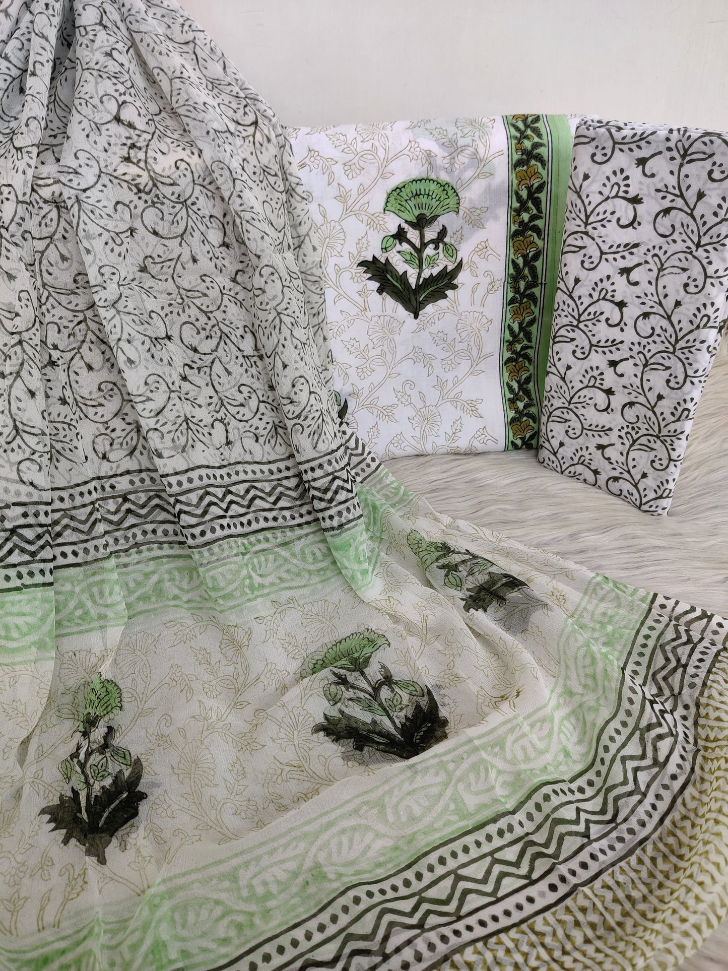 HAND BLOCK PRINTED COTTON SUIT WITH PURE CHIFFON DUPATTA