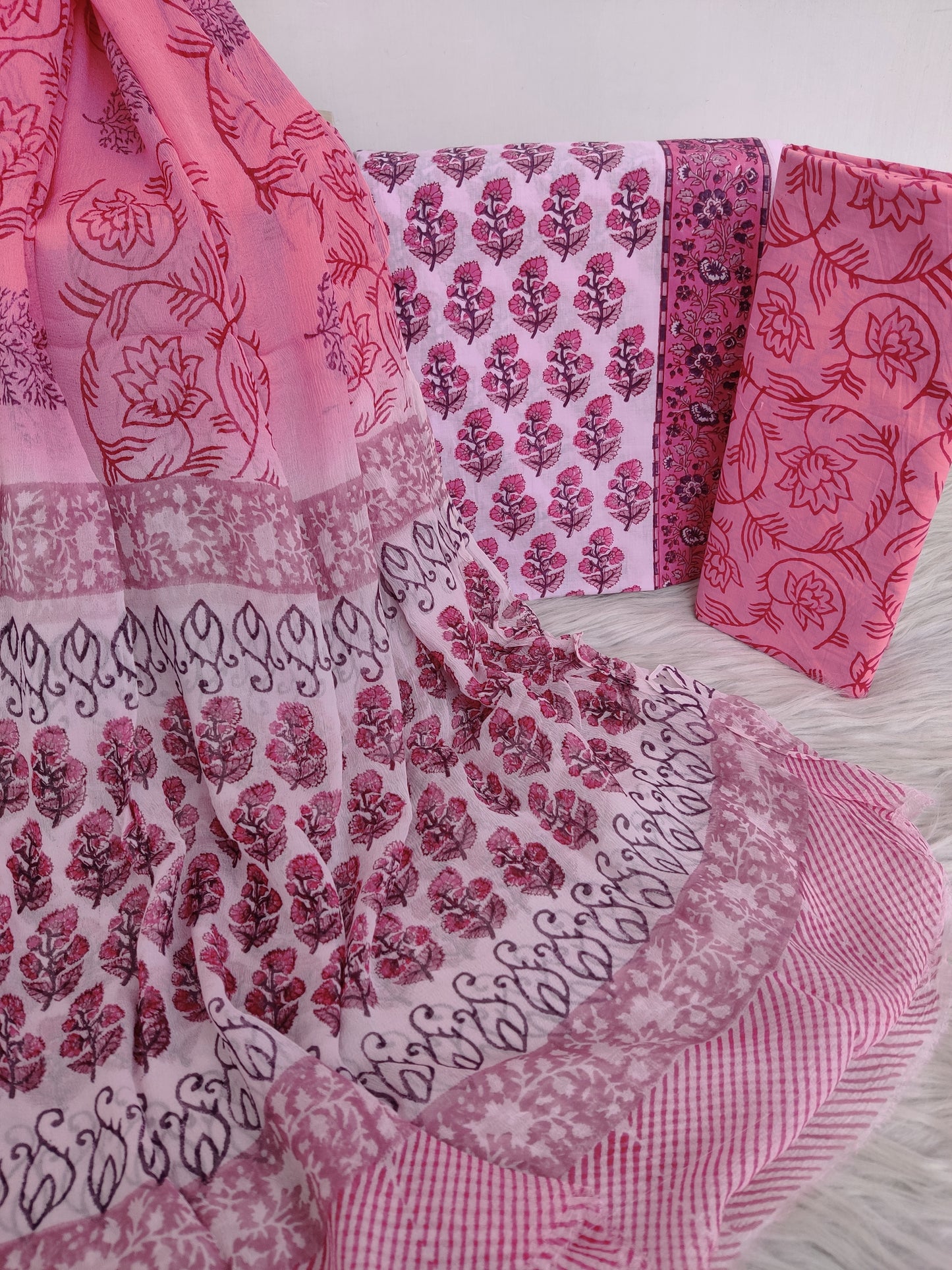 HAND BLOCK PRINTED COTTON SUIT WITH PURE CHIFFON DUPATTA