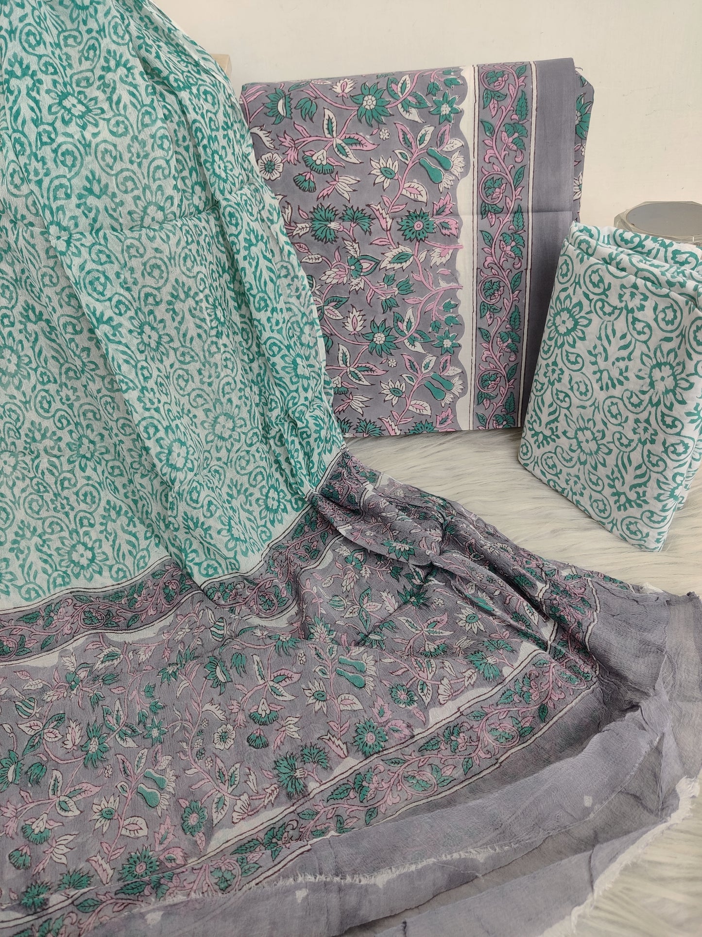 HAND BLOCK PRINTED COTTON SUIT WITH PURE CHIFFON DUPATTA