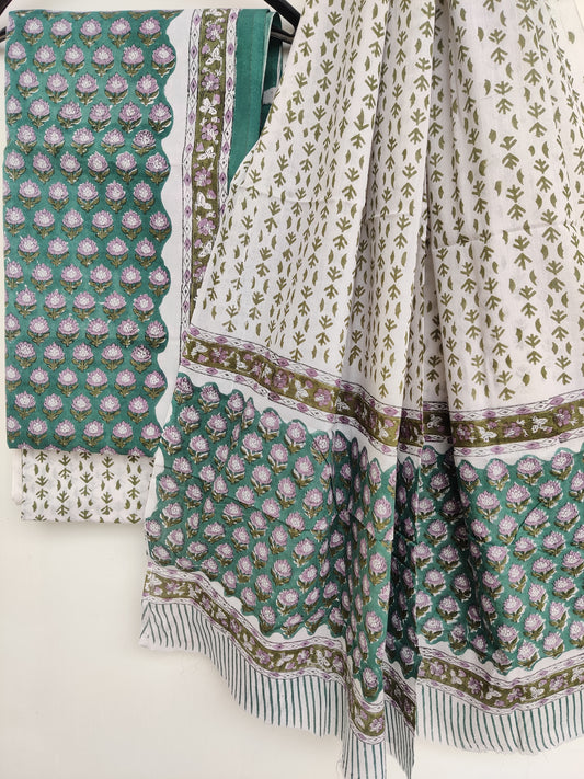 Block Printed Cotton Suit with mulmul cotton Dupatta
