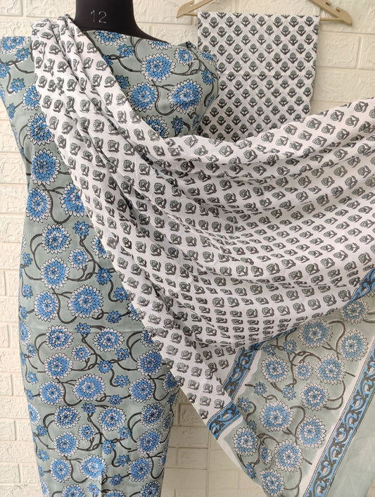 Block Printed Cotton Suit with mulmul cotton Dupatta