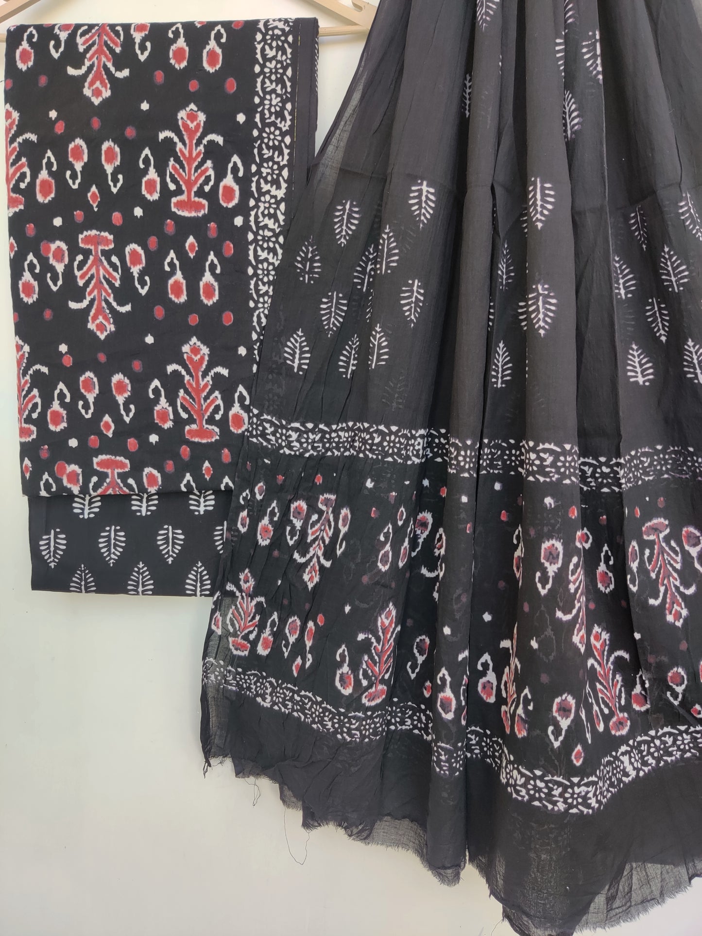 (BLACK & WHITE) Block Printed Cotton Suit with Mulmul dupatta