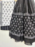 (BLACK & WHITE) Block Printed Cotton Suit with Mulmul dupatta