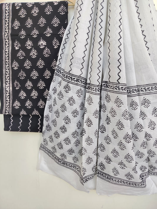 (BLACK & WHITE) Block Printed Cotton Suit with Mulmul dupatta