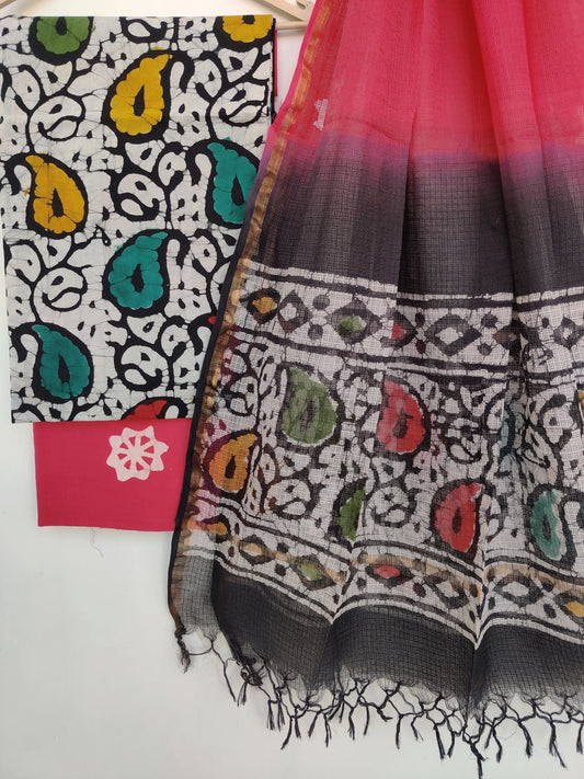 (BATIK) Hand Block Printed Cotton Suit with Cotton Kota Doria dupatta