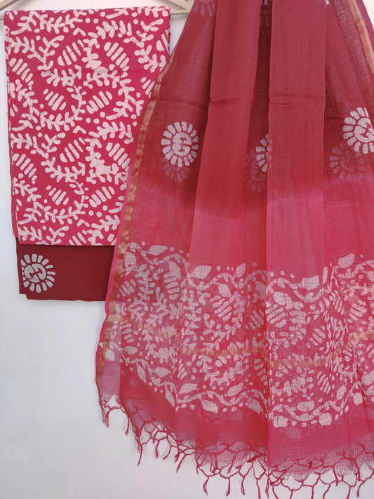 (BATIK) Hand Block Printed Cotton Suit with Cotton Kota Doria dupatta