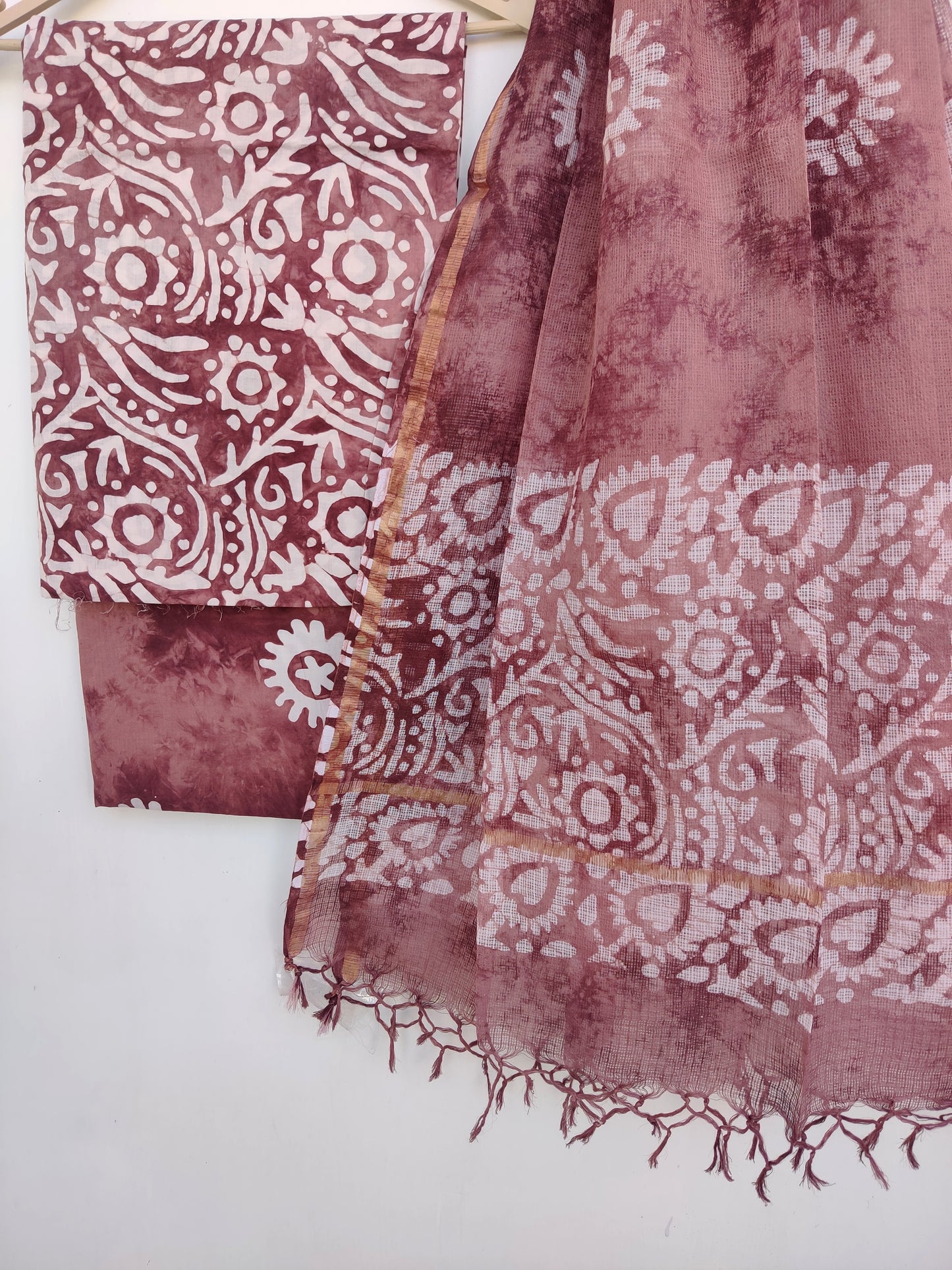 (BATIK) Hand Block Printed Cotton Suit with Cotton Kota Doria dupatta