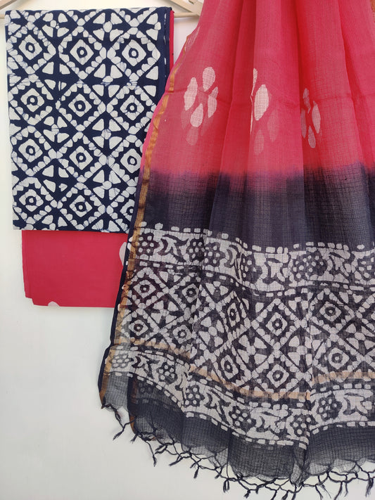 (BATIK) Hand Block Printed Cotton Suit with Cotton Kota Doria dupatta