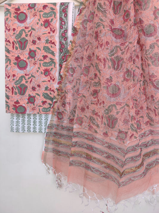 Hand Block Printed Cotton Suit with Cotton Kota Doria dupatta