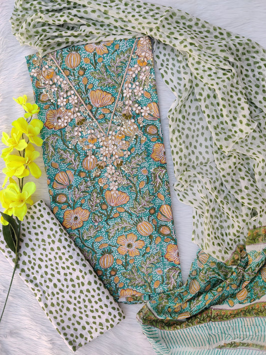 FLORAL PRINTED COTTON GOTA PATTI SUIT WITH CHIFFON DUPATTA