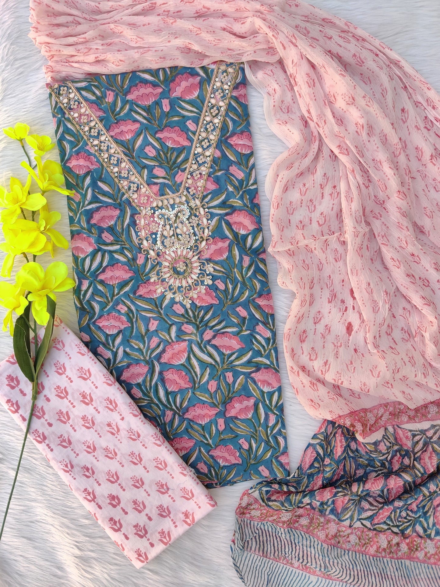 FLORAL PRINTED COTTON GOTA PATTI SUIT WITH CHIFFON DUPATTA