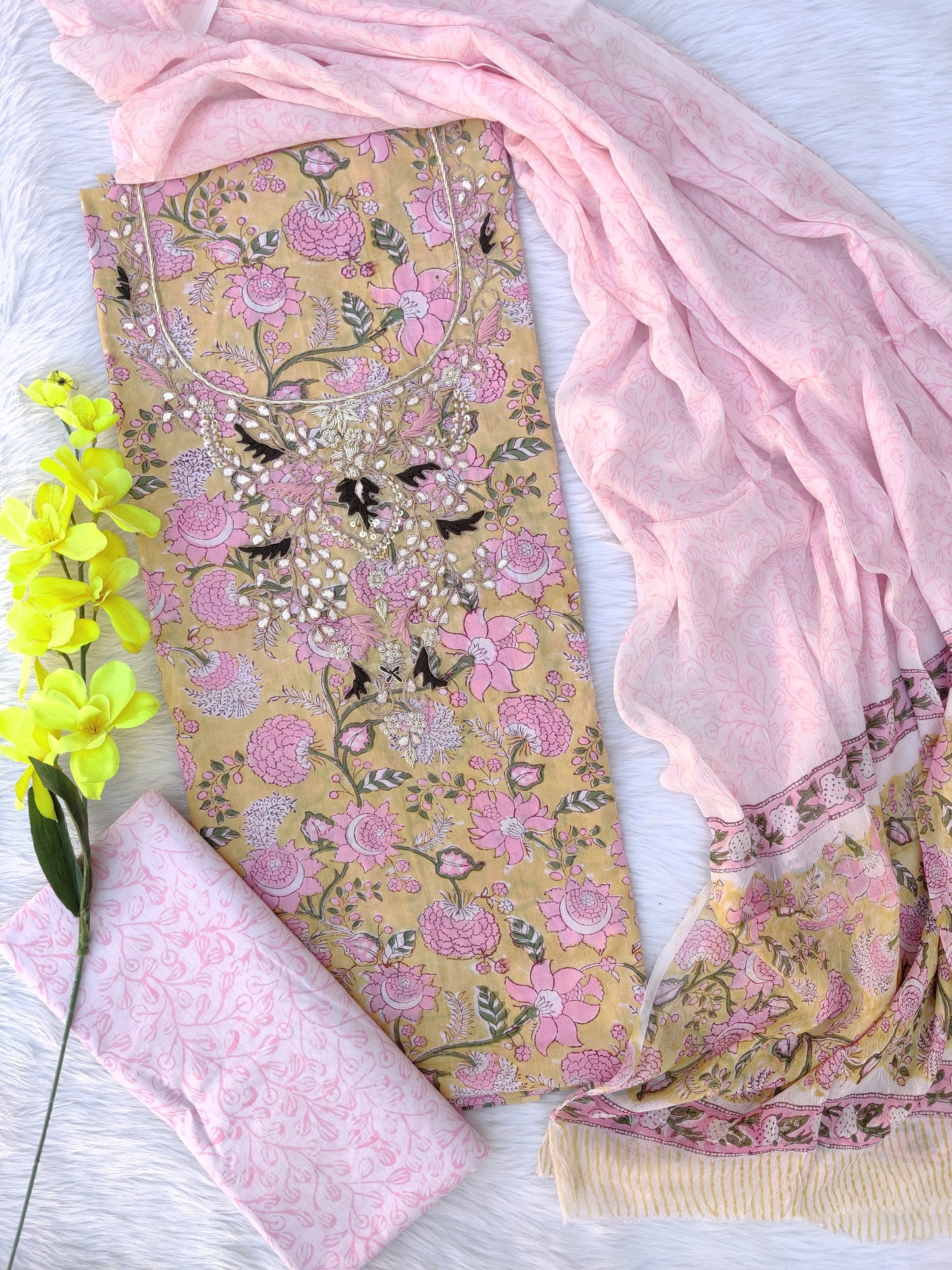 FLORAL PRINTED COTTON GOTA PATTI SUIT WITH CHIFFON DUPATTA