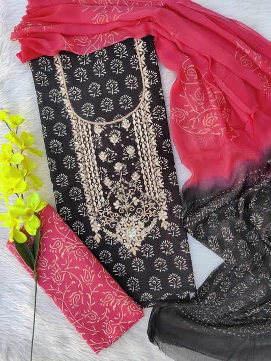FLORAL PRINTED COTTON GOTA PATTI SUIT WITH CHIFFON DUPATTA