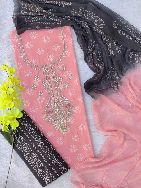 FLORAL PRINTED COTTON GOTA PATTI SUIT WITH CHIFFON DUPATTA