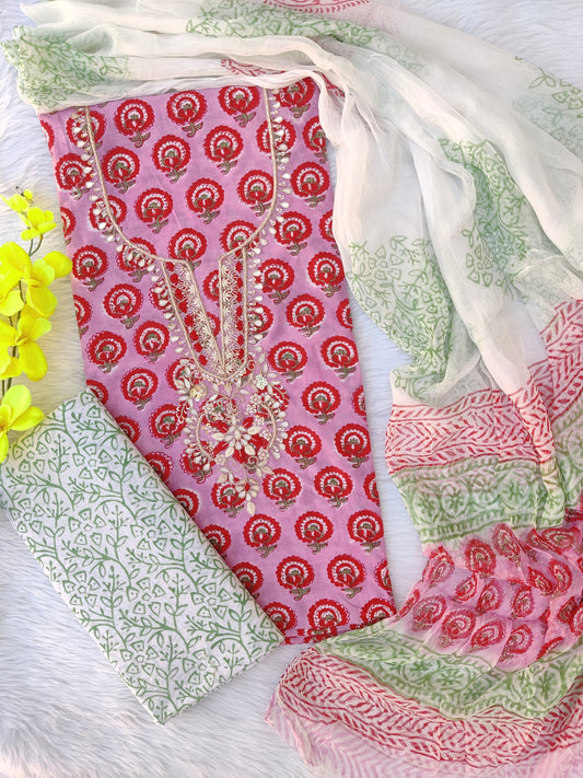FLORAL PRINTED COTTON GOTA PATTI SUIT WITH CHIFFON DUPATTA