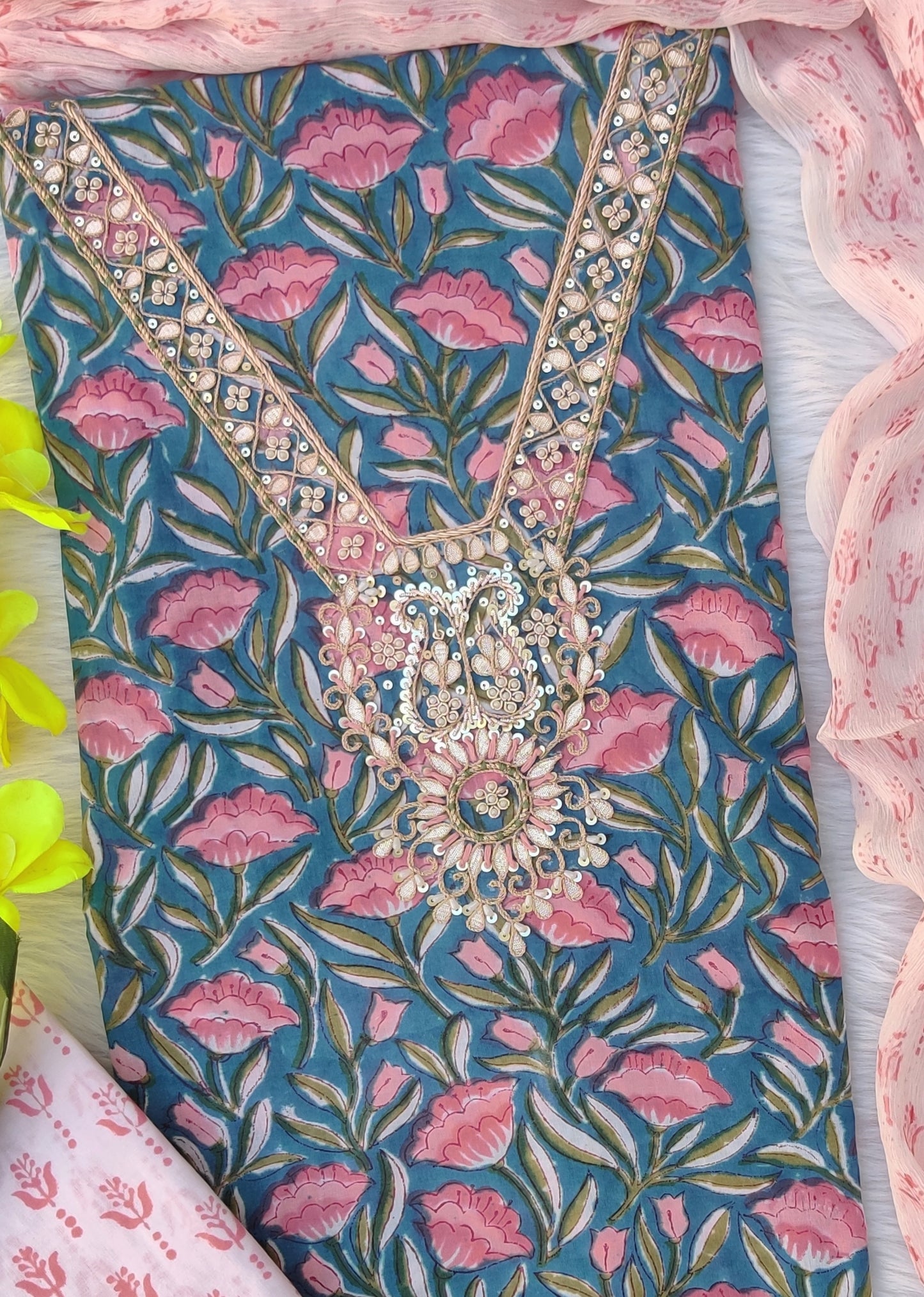 FLORAL PRINTED COTTON GOTA PATTI SUIT WITH CHIFFON DUPATTA